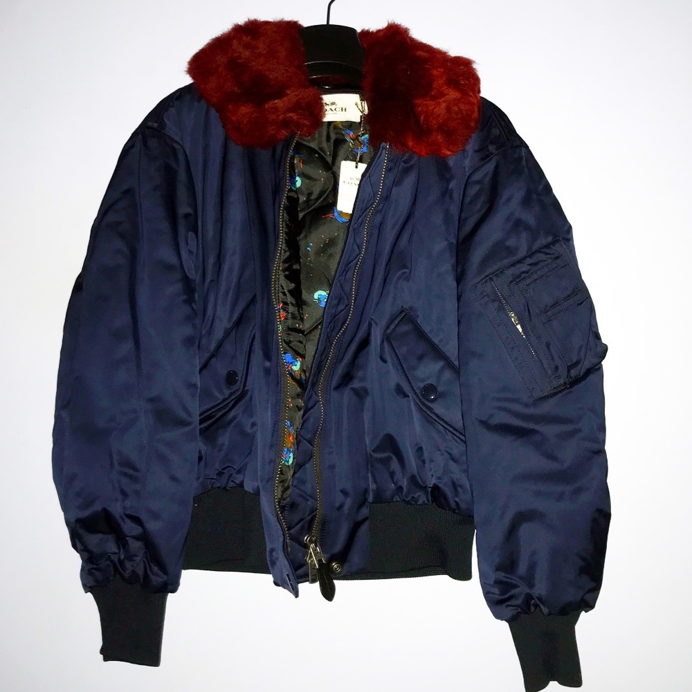Coach Women's Vintage styled Navy Bomber/Flight Jacket w/ Fur Collar "NWT -small